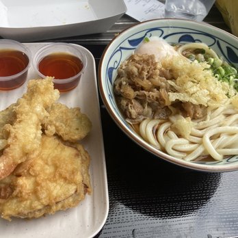 Marugame Udon - Nikutama with Shrimp, Japanese Potato and sweet potato tempura - Japanese Near Me - Arcadia, California Marugame Udon - Nikutama with Shrimp, Japanese Potato and sweet potato tempura - Japanese Near Me - Arcadia, California
