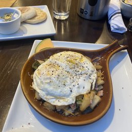 Western skillet with the most over cooked eggs on the planet.