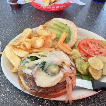 Chubby's Diner - Burger and fries topped with jalapeño grilled onion tomato pickles and avocado slices. - Burgers Near Me - Fresno, California