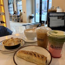 Hot dog, strawberry matcha, biscoff cookie latte, cream cheese honeycomb