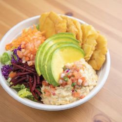 Frescura Vegan Kitchen - Criollo Bowl with Tuno salad and breadfruit tostones