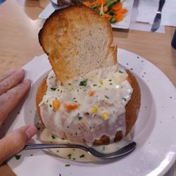 Christos Kitchen - Chicken pot pie made in a bread bowl.