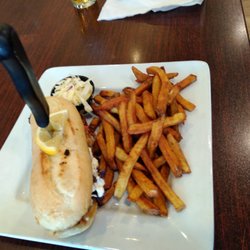 Renny's The Village Smokehouse - Perch po'boy, coleslaw, and fries
