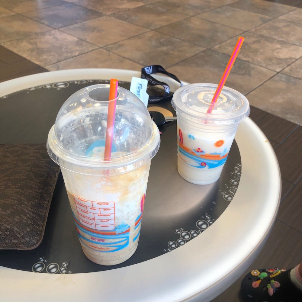 Dunkin' - my drink (caramel frozen coffe)  my friends (vanilla coolatta with coconut flavoring) - Donuts Near Me - Sanford, North Carolina