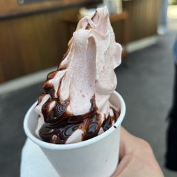 Sweet cream with banana and chocolate sauce (with strawberries and raspberries too?!)