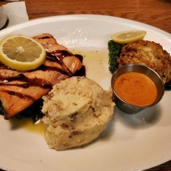 Prime Steak House - Salmon, crabcake and garlic mashed potatoes - Steakhouses Near Me - Bethlehem, Pennsylvania Prime Steak House - Salmon, crabcake and garlic mashed potatoes - Steakhouses Near Me - Bethlehem, Pennsylvania