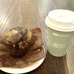 Puppys Game Cafe - Double Chocolate Chip Muffin & Small Iced Coffee.