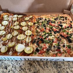 Nirchi's Pizza - Sheet pan pizza! Half pickle bacon ranch half veggie deluxe
