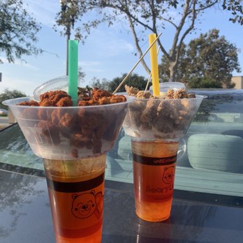 BearyLicious - Snack cups: paradise tea with spicy popcorn chicken (left) & bombdotcom tea with popcorn chicken (right) - Bubble Tea Near Me - Upland, California