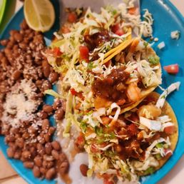 Crispy shrimp tacos special w all beans