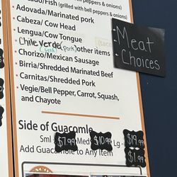 Tacos Don Roge - Menu: meat choices, tacos, burritos, quesadillas, tortas