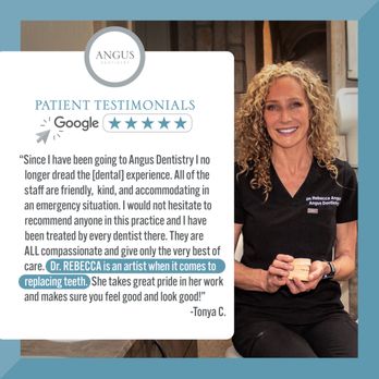 Angus Dentistry - Dr. Rebecca Angus and a 5-star google review from a patient: "...I would not hesitate to recommend anyone in this practice.." - Cosmetic Dentists Near Me - Midlothian, Virginia