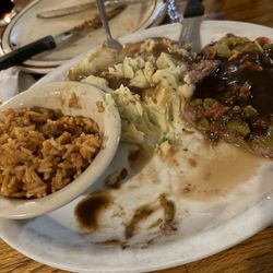 Panz Alegra Restaurant & Lounge - The steak I had to smother just to try and eat, the fishy tasting mash potatoes and the salty rice