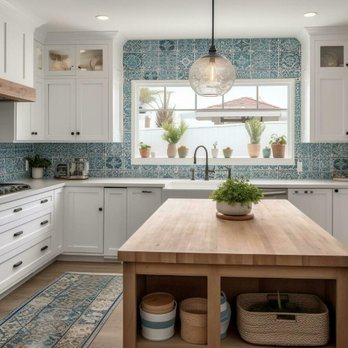 S Carlson's Plumbing - a kitchen with white cabinets and a blue tile backsplash - Plumbing Near Me - Atascadero, California S Carlson's Plumbing - a kitchen with white cabinets and a blue tile backsplash - Plumbing Near Me - Atascadero, California