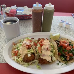 Rony’s Restaurant - 2 EXCELLENT Fried Shrimp Tacos & Carne Asada Taco w/Tomato added. Hot Coffee, *SPICY Red Salsa, & Green salsa
