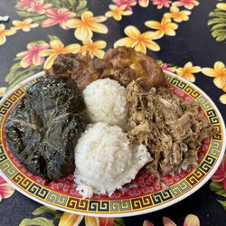 Hula Hands Restaurant 4630 - Tongan Special Plate (Kalua pig, turkey tail, beef steamed in spinach, and 2-scoops of white rice)