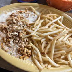 Mexico On Main - Grilled chicken on rice with queso and fries - delicious!