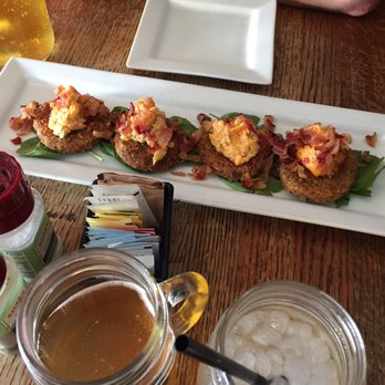 Lunch. Supper! - Fried green tomatoes topped with pimento cheese and bacon. - New American Near Me - Richmond, Virginia