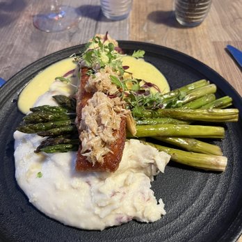 Barrels & Boards - Salmon Oscar special...the lack of eye appeal matched the flavor - New American Near Me - Raynham, Massachusetts