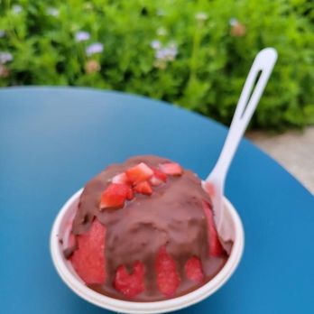 Hokulani Shave Ice - Vanilla ice cream, strawberry syrup and chocolate shell. Yum! - Shaved Ice Near Me - San Antonio, Texas