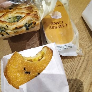 Tous Les Jours - Curry croquette, spinach feta danish, and cheese cake (texture is kind of like a soft pound cake) - Desserts Near Me - New York, New York Tous Les Jours - Curry croquette, spinach feta danish, and cheese cake (texture is kind of like a soft pound cake) - Desserts Near Me - New York, New York