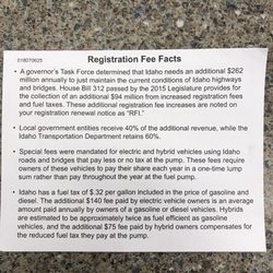Ada County motor vehicles - Hybrid car one year registration cost $200! New law for state of Idaho.