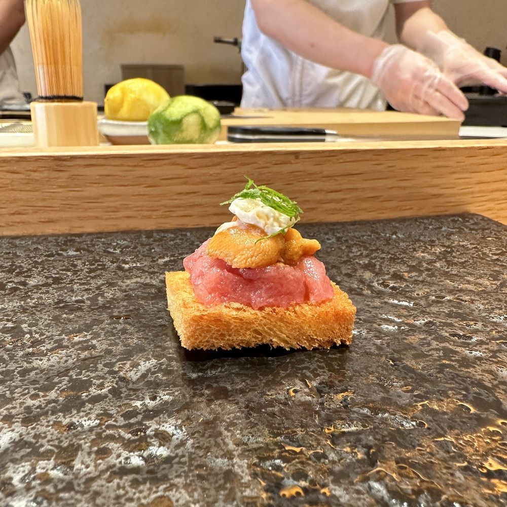 Sushi Lin SoHo - Chu toro toast with uni and charred onion - Sushi Bars Near Me - New York, New York Sushi Lin SoHo - Chu toro toast with uni and charred onion - Sushi Bars Near Me - New York, New York