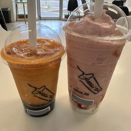 Thai tea with boba and pudding, and strawberry sago. Yum! Thai tea with boba and pudding, and strawberry sago. Yum!