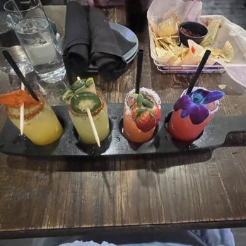Cantina 52 - Margarita Flight  Left to right: mango, pineapple jalapeño, strawberry, guava hibiscus - Dance Clubs Near Me - Crystal Lake, Illinois