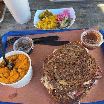 Blue Hound Barbecue - Brisket pastrami ruben with sweet potato casserole - Barbeque Near Me - Dillard, Georgia