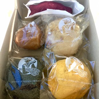 Concerto Bakery - (From top) Sweet potato mousse bake, red bean donut, injeolmi cream, black sesame cream, and pumpkin cream breads. - Bakeries Near Me - Los Angeles, California