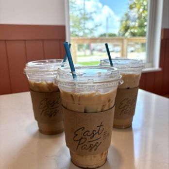 East Pass Coffee - Iced Caramel Macchiato, Seasonal brown sugar latte, Iced white chocolate mocha! Yum! Super Sweet! - Coffee & Tea Near Me - Destin, Florida
