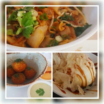 The Peached Tortilla - The dishes we got: Southern Fun (top), Kimchi Arancini Balls (Left), and the Asian Movie Night (Right) - Asian Fusion Near Me - Austin, Texas The Peached Tortilla - The dishes we got: Southern Fun (top), Kimchi Arancini Balls (Left), and the Asian Movie Night (Right) - Asian Fusion Near Me - Austin, Texas