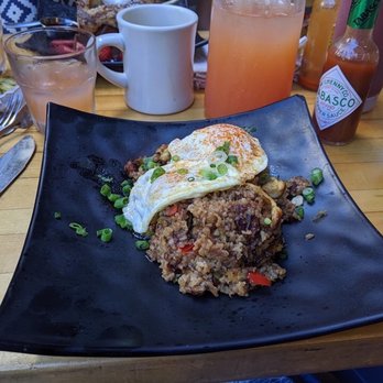 Down the Hatch Maui - Fried Rice Plate (1/2 order). Oh! And a very delicious and inexpensive Mimosa Carafe in the background. - Seafood Near Me - Lahaina, Hawaii Down the Hatch Maui - Fried Rice Plate (1/2 order). Oh! And a very delicious and inexpensive Mimosa Carafe in the background. - Seafood Near Me - Lahaina, Hawaii