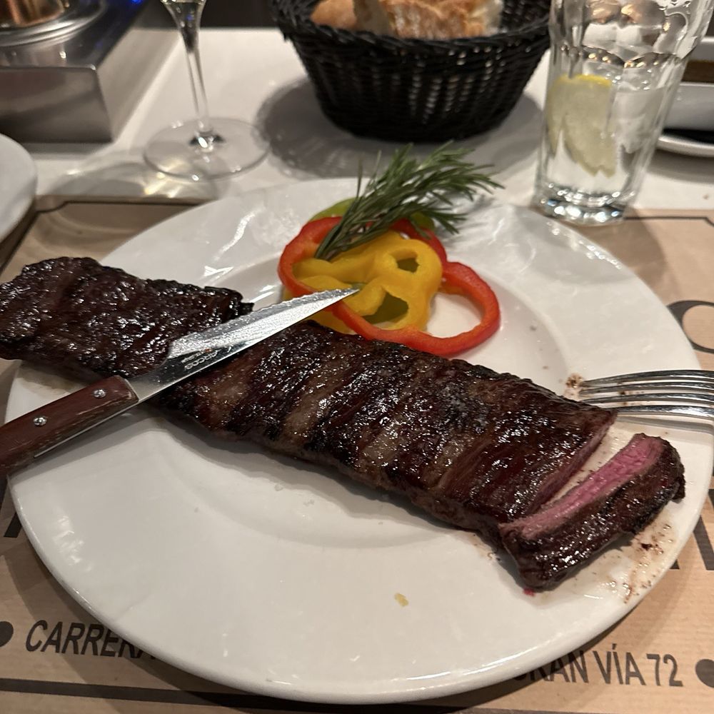Thin steak which we call a skirt steak in US. Thin steak which we call a skirt steak in US.