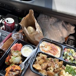 Chicken kabob, Hummus, potato, pasta, cucumber salad, Chicken kabob, Hummus, potato, pasta, cucumber salad,