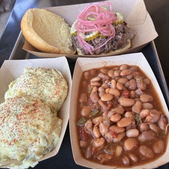 Moreno Barbecue - Brisket sandwich, mash potatoes and charro beans - Barbeque Near Me - Austin, Texas