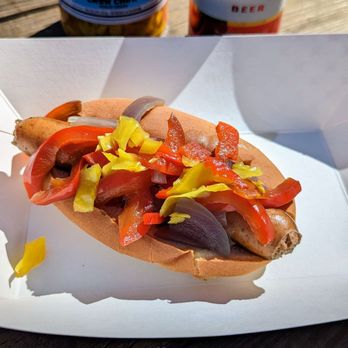 Pine Street Market - a hot dog with peppers and mustard - Meat Shops Near Me - Avondale Estates, Georgia Pine Street Market - a hot dog with peppers and mustard - Meat Shops Near Me - Avondale Estates, Georgia