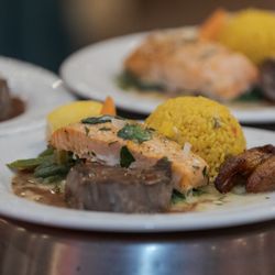 Coco Palm Restaurant - Salmon, Filet Mignon, saffron rice, veggies and plantains