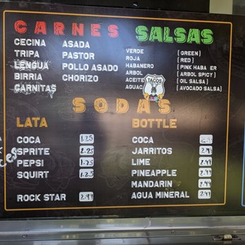 Tacos El Chore - Meat, salsa, and soda selection - Food Trucks Near Me - San Jose, California Tacos El Chore - Meat, salsa, and soda selection - Food Trucks Near Me - San Jose, California