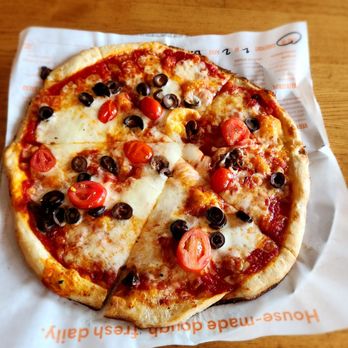 Blaze Pizza - 11 inch with normal sauce, mozzarella cheese, and black olives, cherry tomatoes - Pizza Near Me - San Diego, California Blaze Pizza - 11 inch with normal sauce, mozzarella cheese, and black olives, cherry tomatoes - Pizza Near Me - San Diego, California