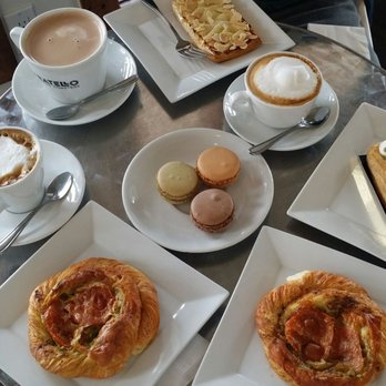 Le fournil Bakery - Danois salée ×2, three macarons (pistachio, chocolate and rosemary flavors), apple danish, eclair, cappuccino x2 and a hot chocolate. - Bakeries Near Me - Canmore, Alberta