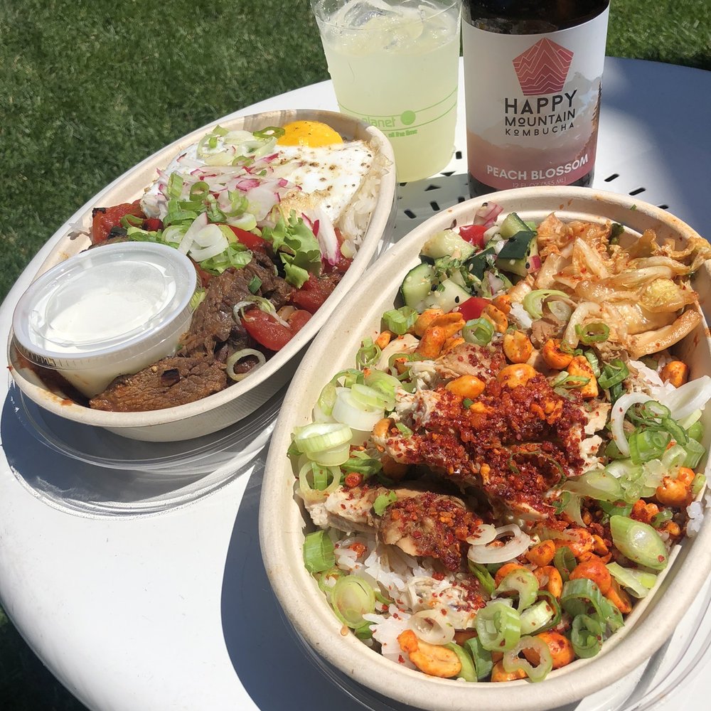 Spork - Lomi Saltado and Chicken rice bowl with a kin to lemonade and peach blossom kombucha. - Mexican Near Me - Bend, Oregon Spork - Lomi Saltado and Chicken rice bowl with a kin to lemonade and peach blossom kombucha. - Mexican Near Me - Bend, Oregon