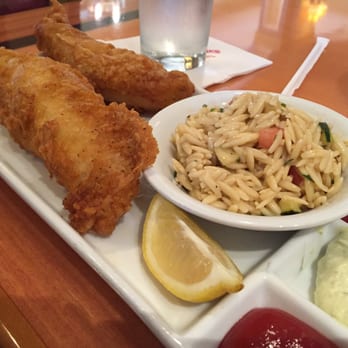Ale & Compass Restaurant - Fish and chips with orzo salad instead - American Near Me - Orlando, Florida Ale & Compass Restaurant - Fish and chips with orzo salad instead - American Near Me - Orlando, Florida