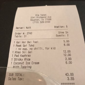 Rim Tanon - They even noted no egg for my child's allergy. Impressive!! - Thai Near Me - Houston, Texas Rim Tanon - They even noted no egg for my child's allergy. Impressive!! - Thai Near Me - Houston, Texas