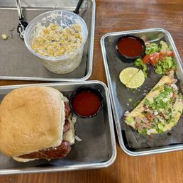 Sausage Sandwich, Brisket Birria Taco, and Mexican Street Corn Sausage Sandwich, Brisket Birria Taco, and Mexican Street Corn