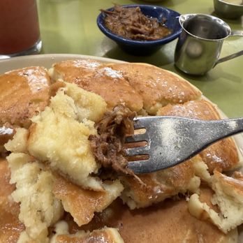 Snooze, an A.M. Eatery - Trust me a piece of buttermilk pancake with a taste of braised beef great combo. - Breakfast & Brunch Near Me - Dallas, Texas