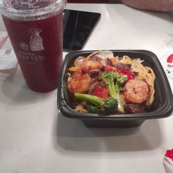 Panda Express - Firecracker Shrimp  and Steak  with Lo-Mein and Pomegranate Pineapple Lemonade - Chinese Near Me - Columbia, Maryland