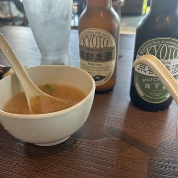 Fish On Fire - Miso soup was served and two beers Yuzu ale - fruity and matcha IPA - pretty green : ) - Sushi Bars Near Me - Suisun City, California Fish On Fire - Miso soup was served and two beers Yuzu ale - fruity and matcha IPA - pretty green : ) - Sushi Bars Near Me - Suisun City, California