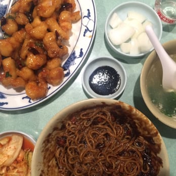 Little China - Garlic shrimp, jja jja myun, and egg drop soup that comes with the fried rice order - Chinese Near Me - Gardena, California